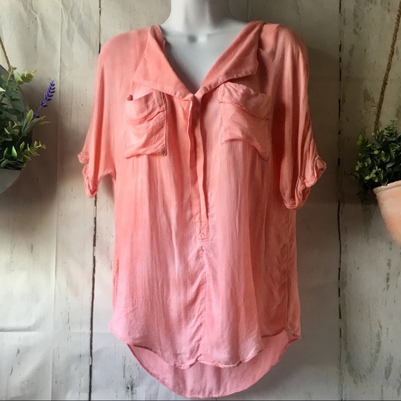 Free People Peach Coral Pink Short Sleeve Shirt